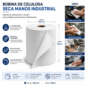 Bobina de Celulosa Industrial Seca Manos 2 Capas – 230 mm x 500 m