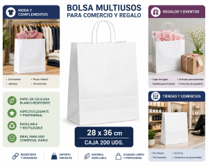 Bolsa celulosa blanca 28 x 36 -Caja 200 Ud-Con asa retorcida. Alta calidad