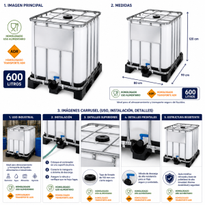  Contenedor- deposito 600 litros reforzado Pale plastico - Homologacion ADR y uso alimentario