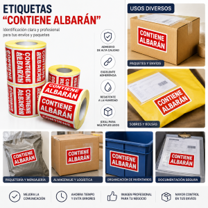 Etiqueta adhesiva "contiene albarán" 100 x 50 mm - Rollo de 500 Uds. -100x50mm.- 