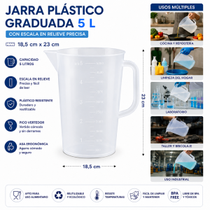 Jarra medidora 5 litros. Medida en relieve.